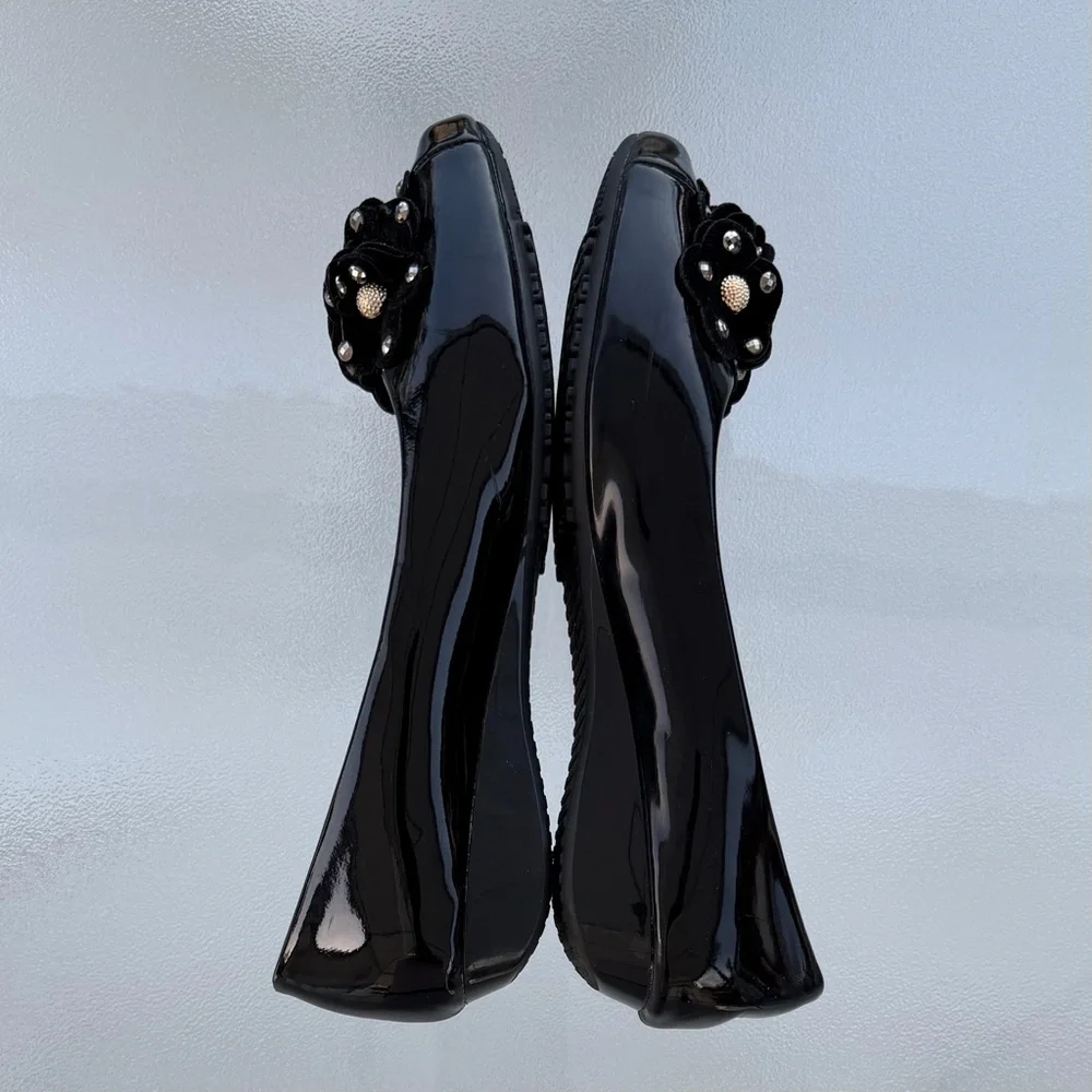 Meili Jiaodian Black Patent Ballet Flats with Bling Flower Embellishment 7.5/38